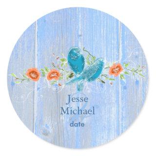 PixDezines love birds+rustic blue wood panels Classic Round Sticker