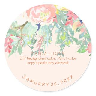 PixDezines Watercolor Peonies Peach+Mint Classic Round Sticker