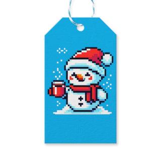 Pixelated Snowman with Coffee - Winter Holiday Art Gift Tags
