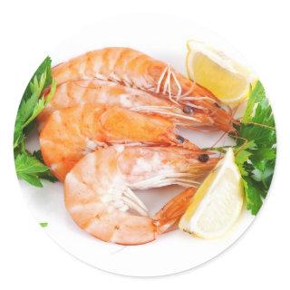 plate with shrimps closeup classic round sticker