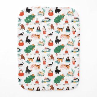 Playful Cats and Christmas Trees Pattern Baby Burp Cloth