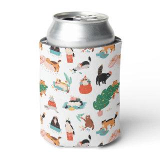 Playful Cats and Christmas Trees Pattern Can Cooler
