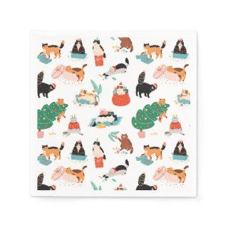 Playful Cats and Christmas Trees Pattern Napkins