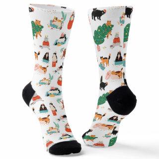 Playful Cats and Christmas Trees Pattern Socks