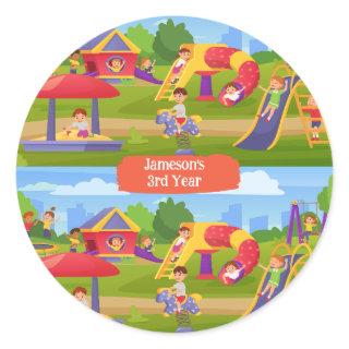 Playful Colorful Kids' Cartoon Playground Fun Name Classic Round Sticker