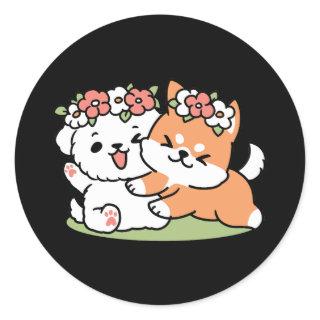 Playful Dogs with Flower Crowns – Fun Spring Theme Classic Round Sticker