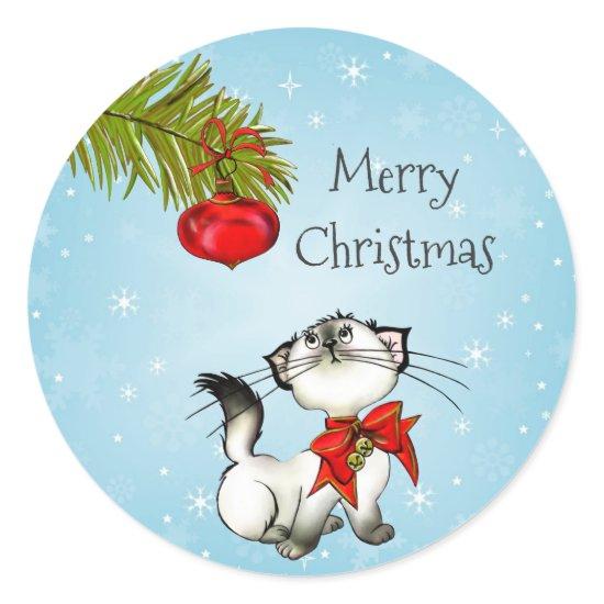 Playful Kitty Cat In A Red Christmas Bow Classic Round Sticker