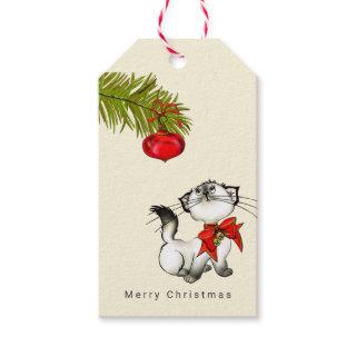 Playful Kitty Cat In A Red Christmas Bow Gift Tags