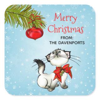 Playful Kitty Cat In A Red Christmas Bow Square Sticker