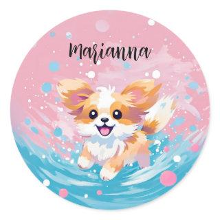 Playful Papillon Pup: Splash of Pink and Blue Classic Round Sticker