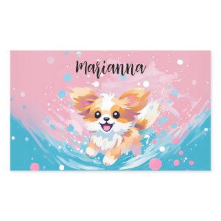 Playful Papillon Pup: Splash of Pink and Blue Rectangular Sticker