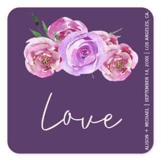 Plum dark purple pink peonies wedding  love script square sticker