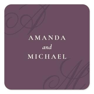 Plum Purple Modern Edge Elegant Monogram Wedding Square Sticker