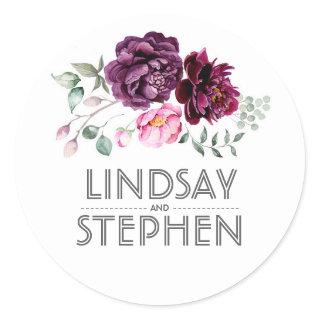 Plum Purple Watercolor Flowers Elegant Wedding Classic Round Sticker