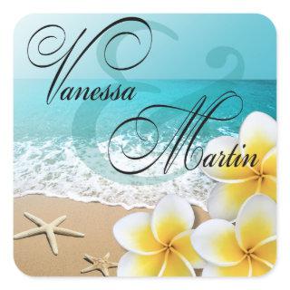 Plumeria Starfish Beach Tropical Hawaii Favor Square Sticker