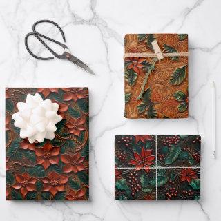 Poinsettia and Holly Tooled Leather Look Assorted  Sheets