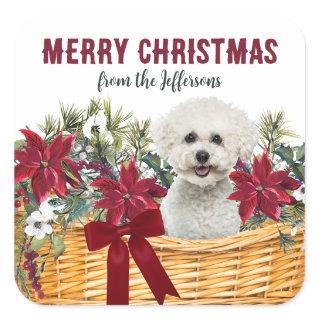 Poinsettia Bichon Frise Dog Christmas Basket Square Sticker