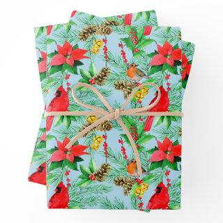 Poinsettia Spruce Branches Cones Robin Cardinals   Sheets