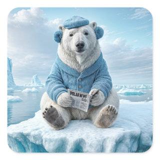 Polar Bear Reading a Newspaper Square Sticker