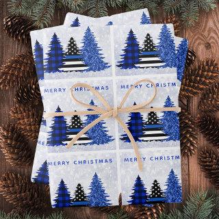Police Christmas Thin Blue Line Plaid Glitter Tree  Sheets
