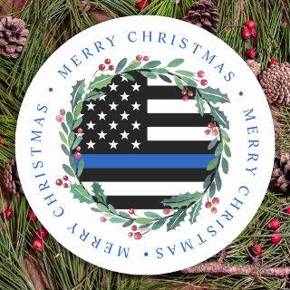 Police Thin Blue Line Wreath Merry Christmas Classic Round Sticker