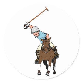 Polo Player Swings Mallet Rides Horse Polo Match Classic Round Sticker