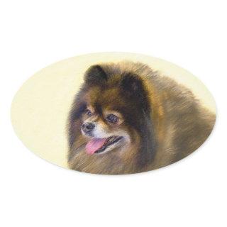 Pomeranian Black and Tan Painting Original Dog Art Oval Sticker