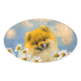 Pomeranian in Daisies Painting - Original Dog Art Oval Sticker