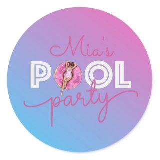 Pool Party Watercolor Ombre Donut Float Favor Classic Round Sticker