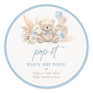Pop It When She Pops Boho Teddy Bear Blue Favor Classic Round Sticker