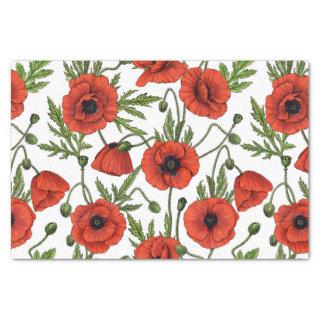 Poppies, red and green on  white tissue paper