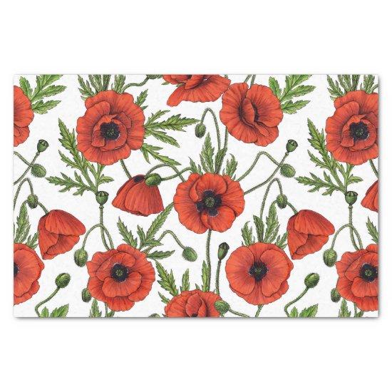 Poppies, red and green on  white tissue paper