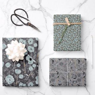 Poppies Watercolor Blue Gray Charcoal Floral  Sheets