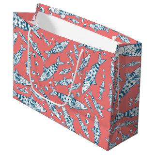 Portuguese Lisbon Sardines Pattern Azulejos Pink Large Gift Bag