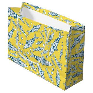 Portuguese Lisbon Sardines Pattern Azulejos Yellow Large Gift Bag