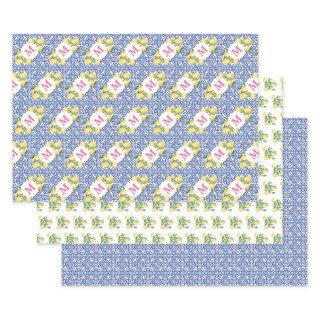 Positano Lemons Monogram Blue White Tile Pattern  Sheets