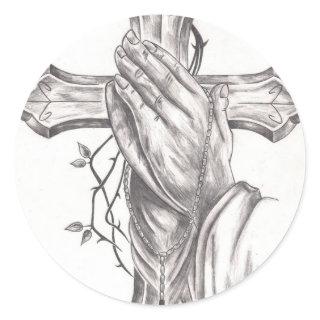 Praying Hands & Cross Classic Round Sticker
