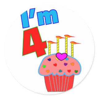 Pre School Birthday "I'm 4" Adorable Cupcake Classic Round Sticker