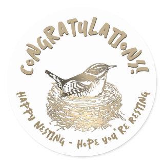 Pregnancy Congratulations Bird Nest Embossed Gold  Classic Round Sticker