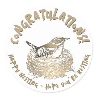 Pregnancy Congratulations Bird Nest Embossed Gold  Classic Round Sticker