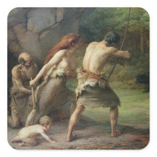 Prehistoric Man Hunting Bears, 1832 Square Sticker