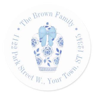 Preppy Blue Bow Ginger Jar Return Address Classic Round Sticker