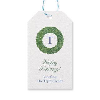 Preppy Chic Boxwood Wreath Monogram Happy Holidays Gift Tags