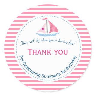 Preppy Nautical Pink Sail Away Birthday Thank You Classic Round Sticker