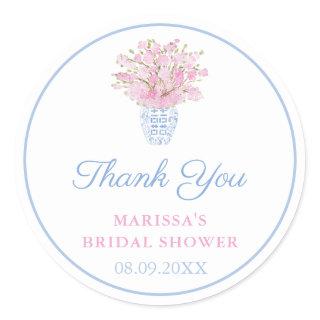 Preppy Pale Blue Blush Chinoiserie Wedding Shower Classic Round Sticker