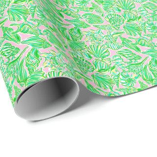 Preppy Palm Beach Print Pink & Green Seashells