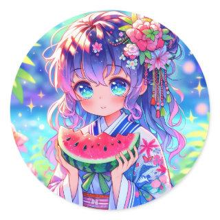 Pretty Anime Girl Eating Watermelon Classic Round Sticker