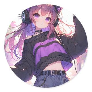 Pretty Anime Girl in Headphones with Cat Ears Classic Round Sticker