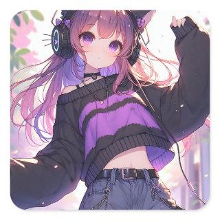 Pretty Anime Girl in Headphones with Cat Ears Square Sticker
