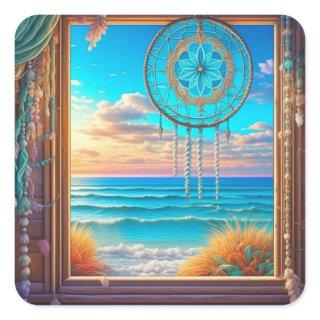Pretty Beachy Dreamcatcher on Window  Square Sticker
